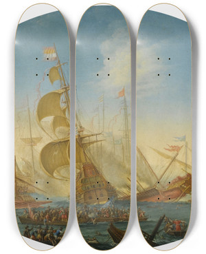 Triptych art skateboard deck of Orazio Grevenbroeck A Naval Battle Between Turks And Christians by Orazio Grevenbroeck (1670-1730)