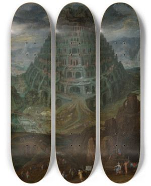 Triptych art skateboard deck of Jan Brueghel The Elder The Tower Of Babel by Jan Brueghel The Elder (1568-1625)