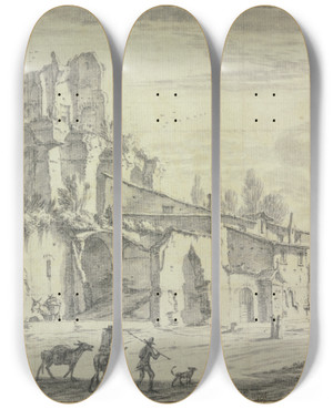 Triptych art skateboard deck of Jan Wyck Landscape With Ruins by Jan Wyck (1645-1702)