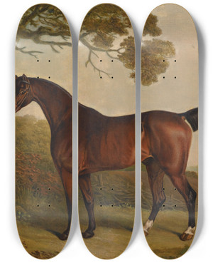 Triptych art skateboard deck of Thomas Weaver A Bay Horse Tethered To A Tree In A Landscape by Thomas Weaver (1775-1844)