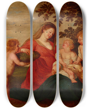 Triptych art skateboard deck of Follower Of Peter Paul Rubens Holy Family With The Infant Saint John The Baptist And An Angel by Follower Of Peter Paul Rubens (1577-1640)