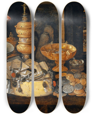 Triptych art skateboard deck of Hieronymus Francken Ii Riches And The Death Of The Miser Still Life by Hieronymus Francken Ii (1578-1623) Triptych art skateboard deck of Hieronymus Francken Ii Riches And The Death Of The Miser Still Life by Hieronymus Francken Ii (1578-1623)