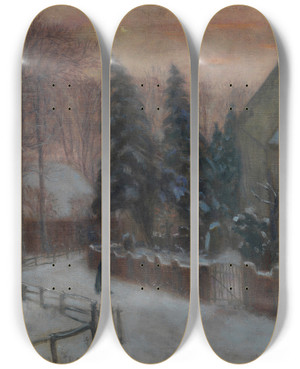 Triptych art skateboard deck of Otto Modersohn Winterabend Fischerhuder Kirche Mit Heimathaus by Otto Modersohn (1865-1943)