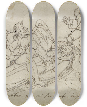 Triptych art skateboard deck of Joseph Anton Koch Skizze Zu Guido Da Montefeltro Dante Inferno Canto 27 by Joseph Anton Koch (1768-1839)