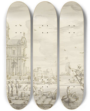 Triptych art skateboard deck of Abraham Storck Seaport A Column On The Left by Abraham Storck (1644-1708)