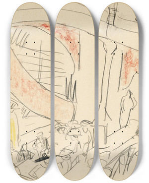 Triptych art skateboard deck of Ernst Ludwig Kirchner Dinnerparty by Ernst Ludwig Kirchner (1880-1938)