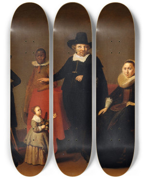 Triptych art skateboard deck of Willem Cornelisz Duyster Family Group With A Black Man by Willem Cornelisz Duyster (1599-1635)