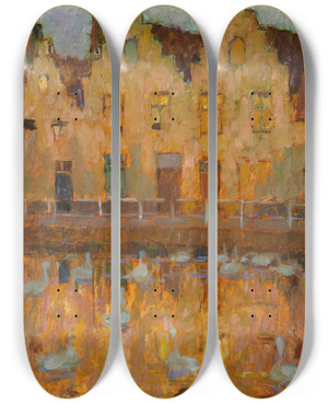 Triptych art skateboard deck of Henri Le Sidaner Houses In Bruges by Henri Le Sidaner (1862-1939)