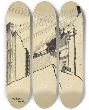 Triptych art skateboard deck of Karl Wiener Ohne Titel Stadthuser by Karl Wiener (1901-1949)