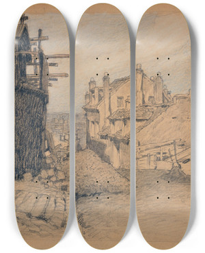 Triptych art skateboard deck of Ferdinand Boberg La Rue Du Montcenis_1 by Ferdinand Boberg (1860-1946)