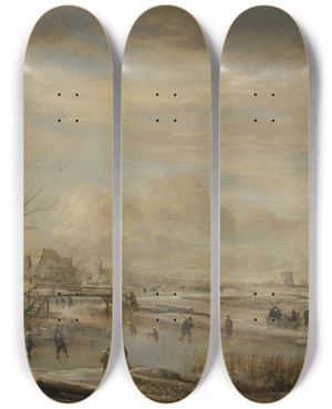 Triptych art skateboard deck of Aert Van Der Neer Frozen River With A Footbridge by Aert van der Neer (1603-1677)
