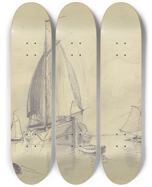 Triptych art skateboard deck of Friedrich Ernst Morgenstern On The Scheldt Near Veere by Friedrich Ernst Morgenstern (1853-1919)
