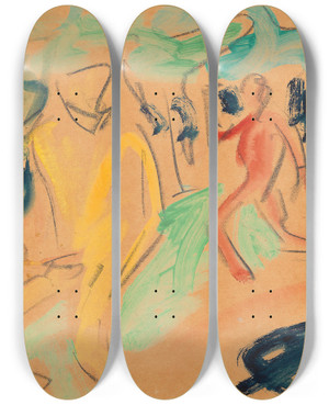 Triptych art skateboard deck of Ernst Ludwig Kirchner Badende Figuren In Bewegung by Ernst Ludwig Kirchner (1880-1938)