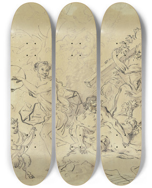 Triptych art skateboard deck of Christian Wilhelm Ernst Dietrich Bacchanal by Christian Wilhelm Ernst Dietrich (1712-1774)