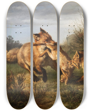 Triptych art skateboard deck of Carl Friedrich Deiker Two Foxes Fighting For Their Prey by Carl Friedrich Deiker (1836-1892)