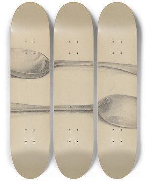 Triptych art skateboard deck of Charles Garjian Two Silver Soup Spoons by Charles Garjian