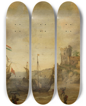 Triptych art skateboard deck of Adam Willaerts Fishermen At The Seaside by Adam Willaerts (1577-1664)