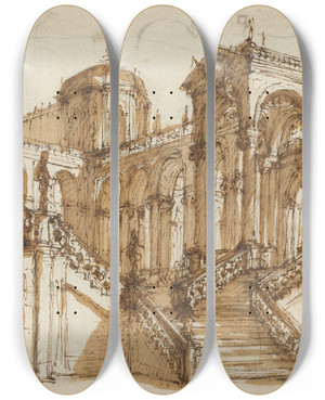 Triptych art skateboard deck of Mauro Antonio Tesi Stage Design by Mauro Antonio Tesi (1730-1766)