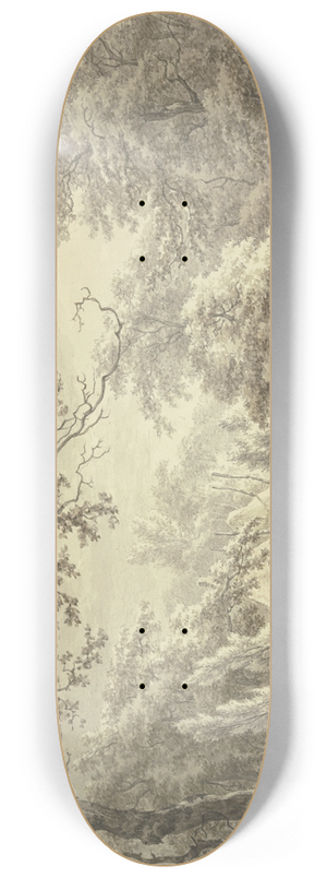 Egbert van Drielst - Bauernhof mit groem Heuhaufen in einem Wald, im Mittelgrund Schafe an einem Weiher 8.25 inch art skate deck
