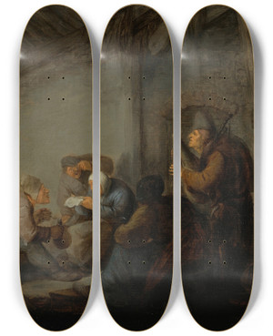 Triptych art skateboard deck of Adriaen Van Ostade Peasants Ina Tavern Possibly A Depiction Of The Sense Of Hearing by Adriaen Van Ostade (1610-1684)
