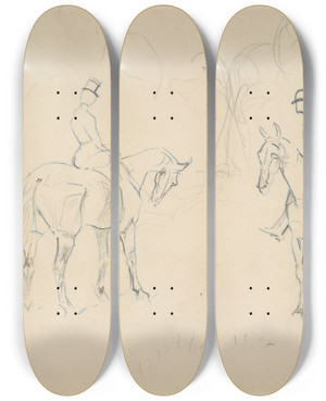 Triptych art skateboard deck of Henri De Toulouselautrec A Woman And A Man On Horseback by Henri de Toulouse-Lautrec (1864-1901)