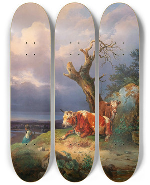 Triptych art skateboard deck of Edmund Mahlknecht A Shepherdess With Two Cows In A Vast Landscape by Edmund Mahlknecht (1820-1903)