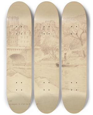 Triptych art skateboard deck of Ferdinand Boberg La Seine Et Le Pont Neuf by Ferdinand Boberg (1860-1946)