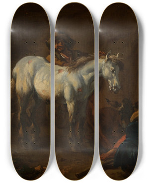 Triptych art skateboard deck of Nicolaes Pietersz Berchem A Man With A White Horse by Nicolaes Pietersz Berchem (1620-1683)