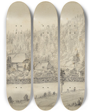 Triptych art skateboard deck of Hans Thoma Hammerschmiede Bei St Blasien by Hans Thoma (1839-1924)