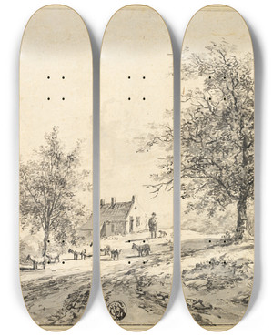 Triptych art skateboard deck of Bruno Van Straaten Goatherd Goats On Road Near Carriage And House by Bruno Van Straaten (1786-1870)
