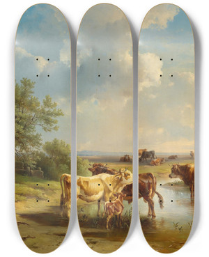 Triptych art skateboard deck of Edmund Mahlknecht Herdsman With Herd Of Cows On The Banks Of The Stream by Edmund Mahlknecht (1820-1903)