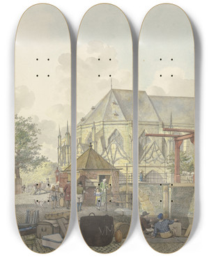 Triptych art skateboard deck of Johannes Huibert Prins Schleusentor Bei Einer Kirche Dabei Ein Zollhaus by Johannes Huibert Prins (1757-1806)
