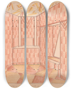 Triptych art skateboard deck of Winold Reiss Design For Small Showroom Or Powder Room Interior Perspective Study by Winold Reiss (1886-1953)