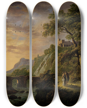 Triptych art skateboard deck of Danil Dupr Arcadisch Landschap Met Ondergaande Zon by Daniel Dupre (1751-1817)