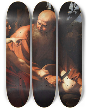 Triptych art skateboard deck of Caravaggio Sacrifice Of Isaac by Caravaggio (1571-1610)