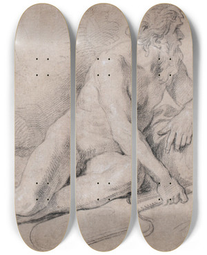 Triptych art skateboard deck of Louis De Boullogne The Younger A Study Of A River Godreclining Holding An Oar In His Right Hand by Louis de Boullogne the Younger (1654-1733)