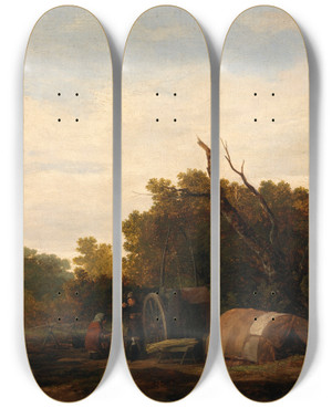 Triptych art skateboard deck of William Mulready A Gypsy Encampment by William Mulready (1786-1863)
