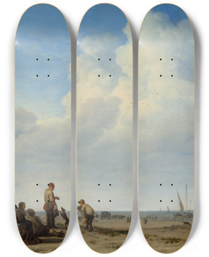 Triptych art skateboard deck of Adriaen Van De Velde Beach View by Adriaen van de Velde (1636-1672)