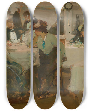 Triptych art skateboard deck of Richard E Miller Caf De Paris by Richard E Miller (1875-1943)