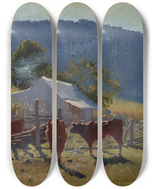 Triptych art skateboard deck of Elioth Gruner Milking Time Araluen Valley by Elioth Gruner (1882-1939)
