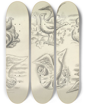Triptych art skateboard deck of Leo Gestel Ontwerpen Voor Een Watermerk Van Een Bankbiljet Zes Ontwerpen Met Vogels by Leo Gestel (1881-1941)