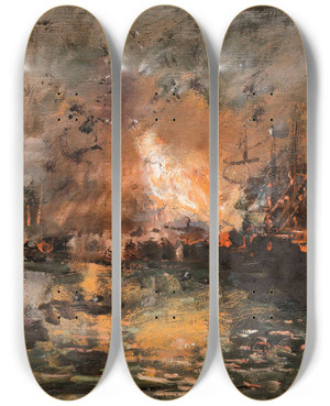 Triptych art skateboard deck of Pompeo Mariani Boat On Fire In A Harbour by Pompeo Mariani (1857-1927)