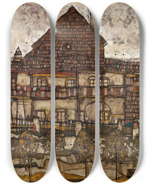 Triptych art skateboard deck of Egon Schiele House With Shingle Roof Old House Ii by Egon Schiele (1890-1918)