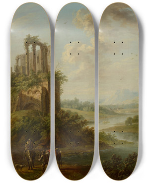 Triptych art skateboard deck of Christian Georg Schtz The Elder Landscape With Temple Ruin by Christian Georg Schtz the elder (1718-1791)