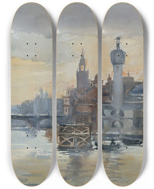 Triptych art skateboard deck of Laure Brouardel Pavillons En Bord De Seine Lexposition De 1900 by Laure Brouardel (1852-1935)