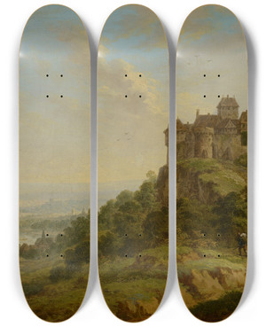 Triptych art skateboard deck of Christian Georg Schtz The Elder Landscape With Castle by Christian Georg Schtz the elder (1718-1791)
