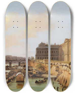 Triptych art skateboard deck of Giuseppe Canella Paris Vue De La Passerelle Des Arts Et Du Louvre by Giuseppe Canella (1788-1847)