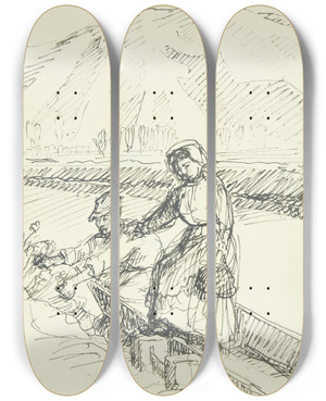 Triptych art skateboard deck of Peter Hansen Italiensk Kvinde Stiger I Land Fra Frgen by Peter Hansen (1868-1928)