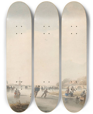 Triptych art skateboard deck of Andreas Schelfhout Landschap Met Schaatsenrijders by Andreas Schelfhout (1787-1870)