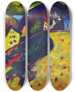 Triptych art skateboard deck of Wassily Kandinsky Houses At Murnau by Wassily Kandinsky (1866-1944)